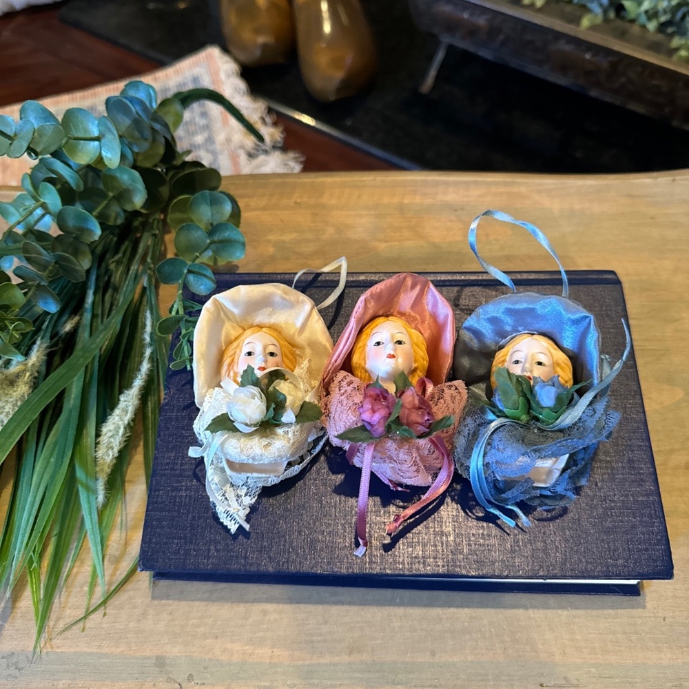 3 Tender Heart Treasures Lady in hat Bisque Head Antique Christmas Ornaments